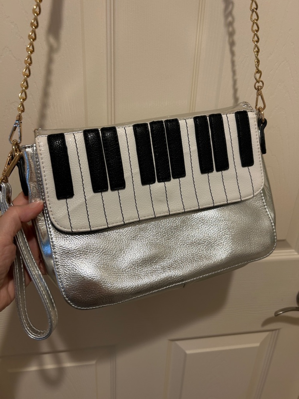 Mellow World Silver Piano Keyboard Crossbody Bag Metallic with Wrist Strap